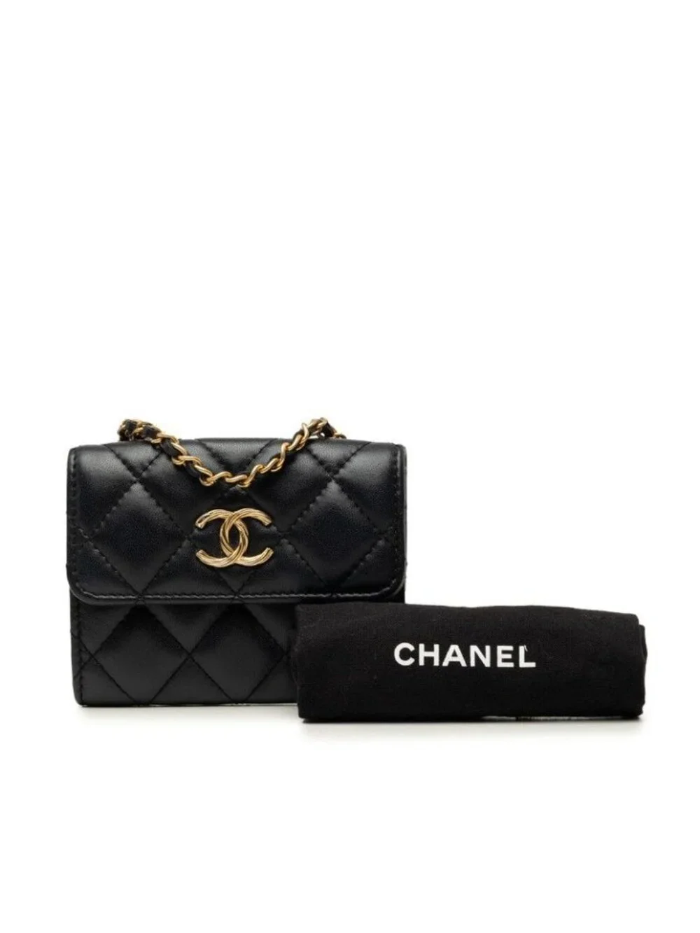 Chanel Quilted CC Logo Mini Chain Shoulder Bag Black Gold Lambskin